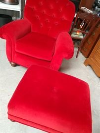 Red Velvet Chair and Ottoma