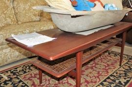 MCM Danish Modern Teak Coffee Table with Cane Magazine Shelf