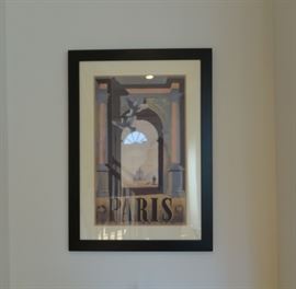 Framed neutral tone poster of Paris Arc du Triomphe, glass, black frame.  SOLD.