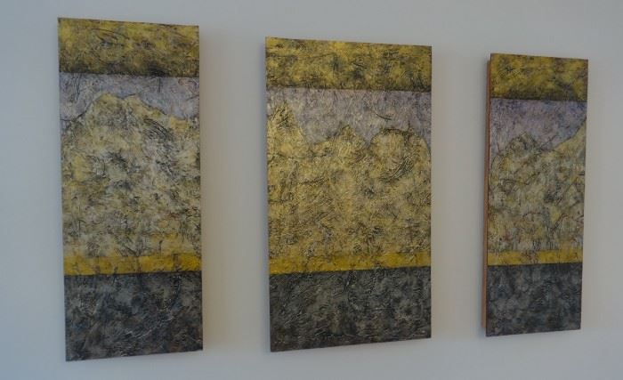 Original oil painting “Time and Movement- Etched in Stone” triptych framed by the prolific Wisconsin artist, Mark Pflughoeft, 2006. $1,200. Colors are golds, charcoal, purple, silver. Excellent cond. Signed.