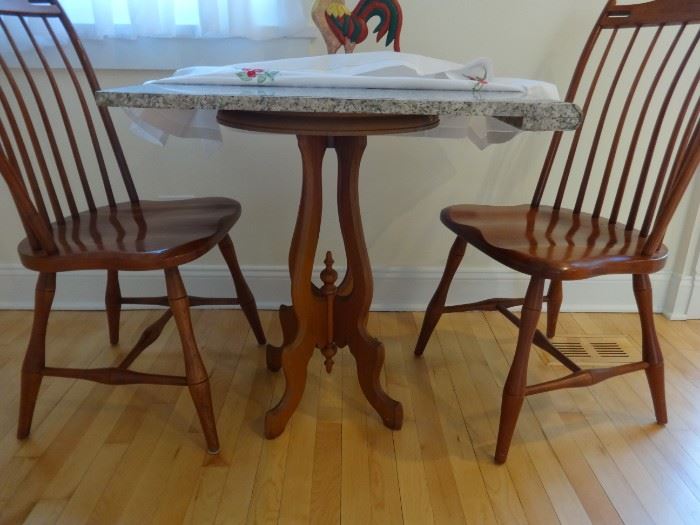 Vintage maple wood table base measures 2'5" tall x 1'3" in diameter, very sturdy.  Available with or without the granite top sold separately. Not attached.  Also, wooden rooster folkworks style. 2 very high quality cherry chairs from Shaker Traditions, Evanston.