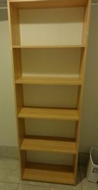 Very basic wooden 5-shelf bookcase without a back. Size: 2' wide x 10" deep x 5'8" tall. Good condition.