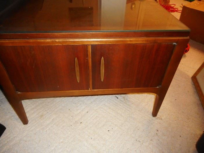 Mid Century Lane Furniture Occasional Table (2) Custom Glass Top. Cabinet Storage