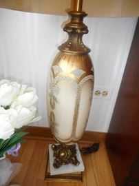 Vintage Italian Beaded Hand Painted Table Lamp, Marble Brass Base, Original Silk Shade