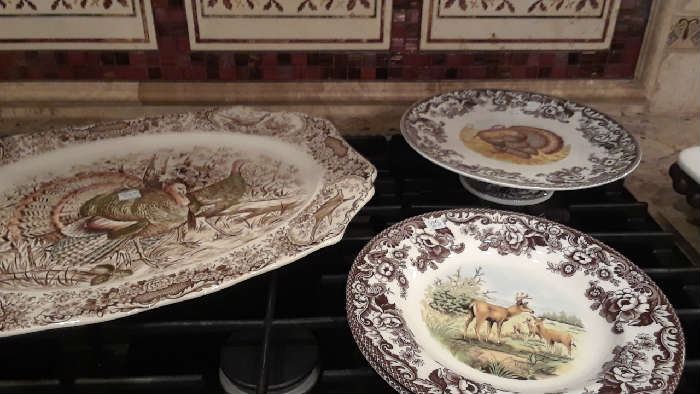 Spode turkey platter, footed server and dinner plates. Not shown, eight plates with pheasant design.