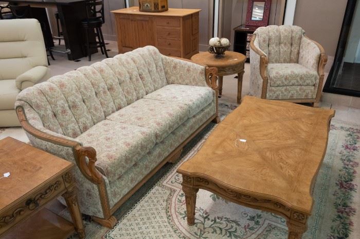 This couch and loveseat are 100 years old!  Our client spent $2,000 for new cushions, frame, springs, etc. to have re-done.  We have a great price on these two pieces.  The coffee/end tables were all purchased at Hutsons, and are in excellent condition.  They are high quality!