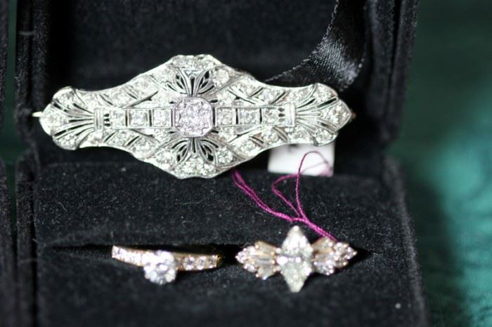 Victorian Brooch with Diamonds, Diamond Rings 1 GIA Certified