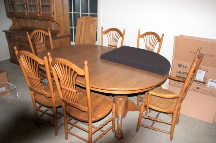 Incredible Amish Oak Dining Room Set (Table with 3 Leaves, 6 Chairs, Large Hutch)