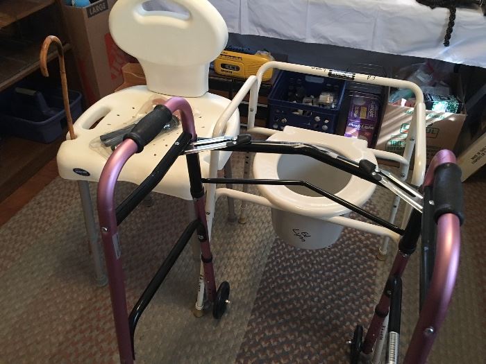 Elder care - pink walker, shower chair & toilet 