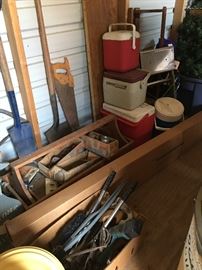 Large wood tool box, tools