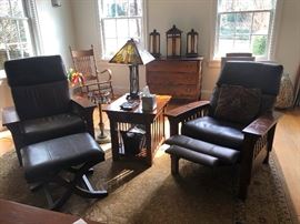 2 matching  Leather mission style reclining chairs and Ottoman 