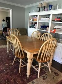 #1 farmhouse table w 4 post legs w 1 leaf 48-66x42x30 5 chairs $175.00
