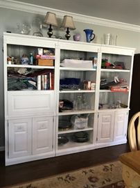 #5 White Wood Cabinet (3 pcs.) 30x17x74 (section w/Flip Down Drawer) (middle section w/4 open cubbies) (right w/3 shelves & 2 Doors) $75 each piece / $225 total
