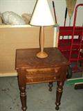 Circa 1870 Side Table with Two Drawers, Walnut Finish, Button Pulls, H-Top Turned Legs