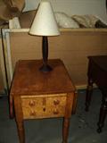 Antique Drop Leaf Table, Curly Birds Eye Maple Solid Wood Construction, Overhanging Top over Two Drawers, Followed by a Single Drawer, Turned Legs, Button Pulls