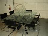 Italian Mid Century Modern Glass Top Table with Six Leather and Chrome Chairs by Arber, Excellent Condition