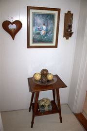 Framed print, wall decor, antique side table