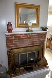 Antique mirror, fireplace items