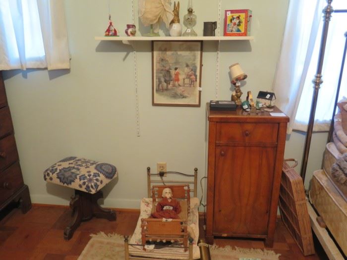 antique doll bed and chamber pot cabinet