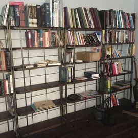 Wood and metal bookshelves