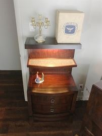 One of two side tables, lighted shelf