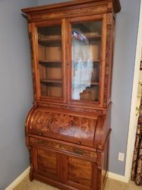 Amazing Burl Walnut Cylinder Desk Book Case