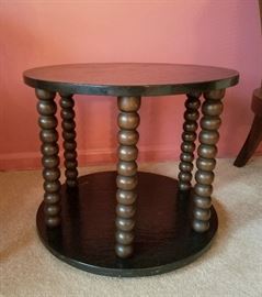 Round side table with black slate top and bottom shelf; stacked-ball, solid wood legs.  19.5" diameter x 17" tall
