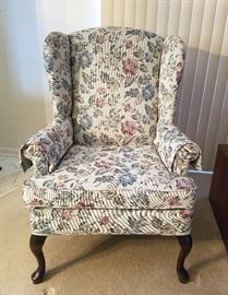 Vintage wing-back chair, solid wood frame (heavy), floral fabric.