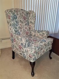 Vintage wing-back chair, solid wood frame (heavy), floral fabric.