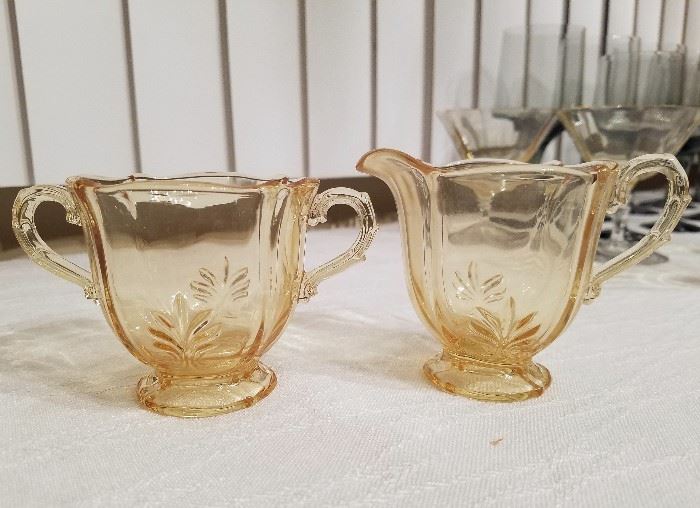 Fostoria Baroque yellow topaz creamer and sugar bowl