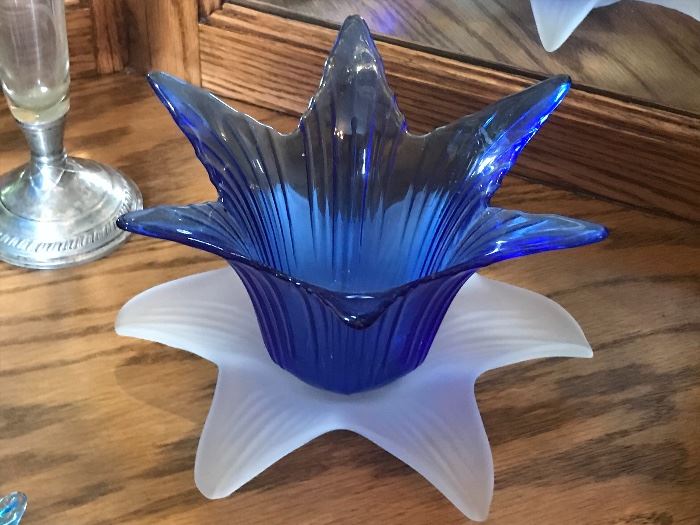 Blue glass and frosted tea light candle holder