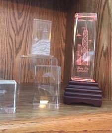 Acrylic cubes Sears Tower, Dolphins, lighthouse, (Sears tower has changing colored lights and bass) 