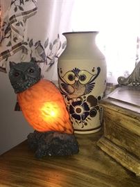  Stain glass owl lamp and clay owl vase 