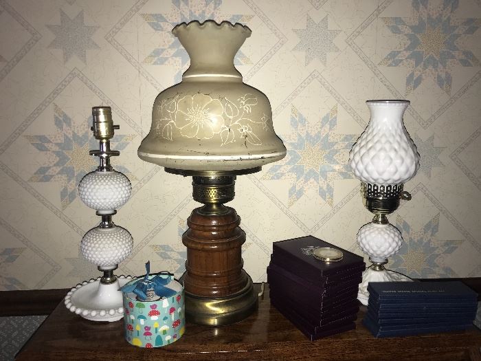 2 Milk Glass  table lamps; Large hurricane lamp
