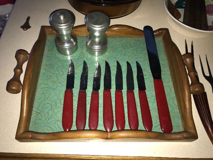 Vintage steak knives and spatula-Wood Tray-Salt and Pepper set