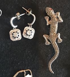  Sterling earrings and lizard pin 