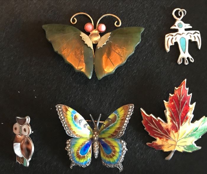  Sterling and costume butterfly, Leaf, owl and Eagle pins 