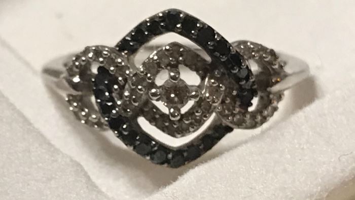 Sterling and diamond, onyx ring