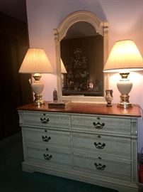 Soft white painted queen bed w/mattress, dresser/mirror,  tall dresser and night stand  - all tops are wood color