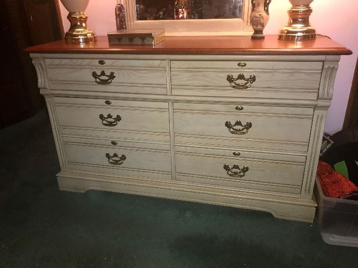 Soft white painted queen bed w/mattress, dresser/mirror,  tall dresser and night stand  - all tops are wood color