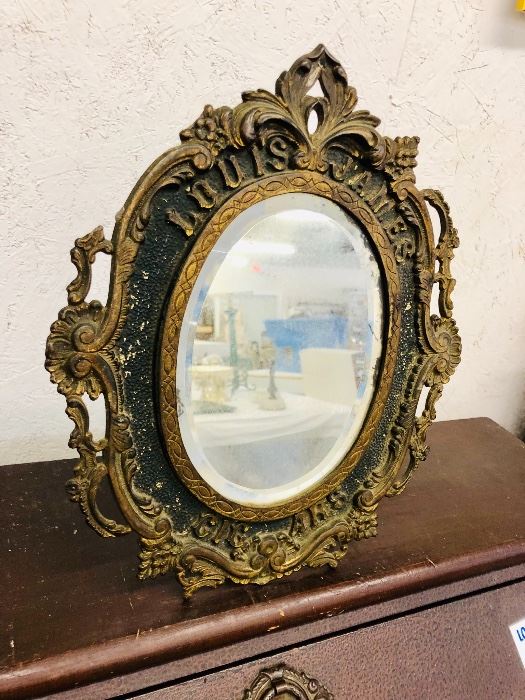 Estate piece cast Iron Antique Louis James Cigar Advertising Stand up Counter top Mirror from a General Store in Salem Virginia. 
