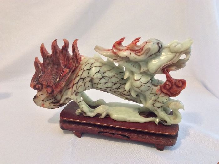 Green and Red Carved Stone Dragon, 11" L.