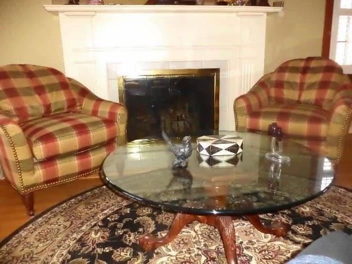 Sherrill chairs-glass top coffee table on a traditional mahogany carved base