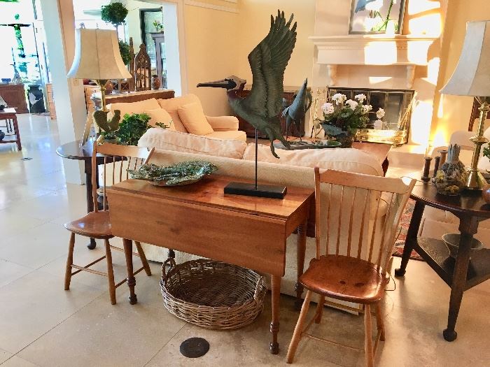 Drop Leaf Table - Pair of Chairs - Basket - Great assortment of Pottery, Porcelain and Metal Decor