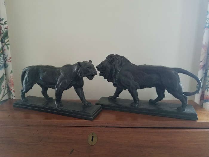 Pair of Bronze figures. Lion and Lioness. Signed Bayre