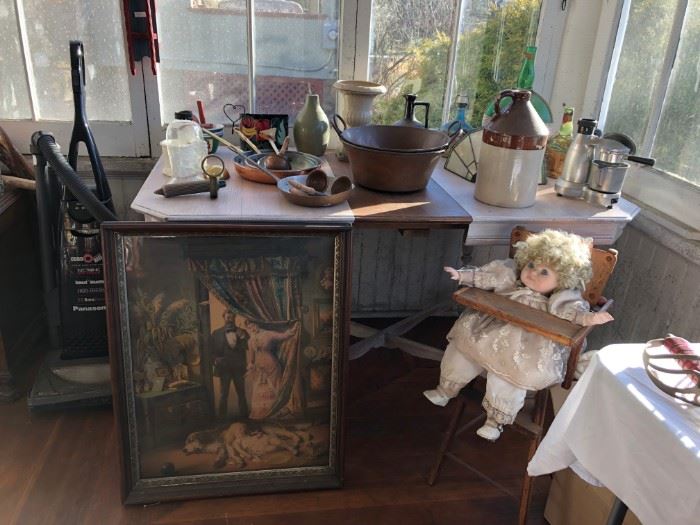 Antique Table, Copper Pots & Pans, Jugs, Pictures, Doll, Hi Chair