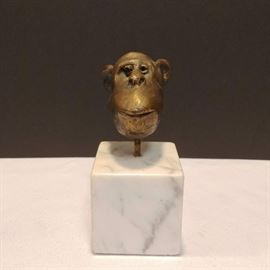 Bronze cabinet size monkey head on a marble base signed at the back, Steckel, 54. 4-1/2" H 