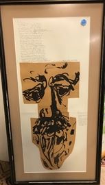Signed Milton Glaser. Ink on craft paper, could be a self portrait. Glaser writes about this piece within the art in pencil and speaks to line, design, proportion. 24" x 10-1/2"