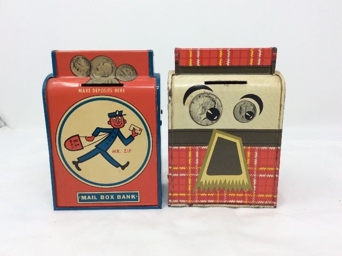 Vintage Ohio Art Mail box & Mr. Thrifty tin banks.