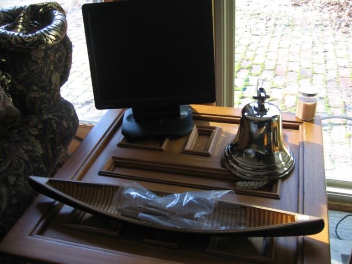 Nice Handmade Wooden Canoe, Computer Monitor, Metal Bell, End Table.